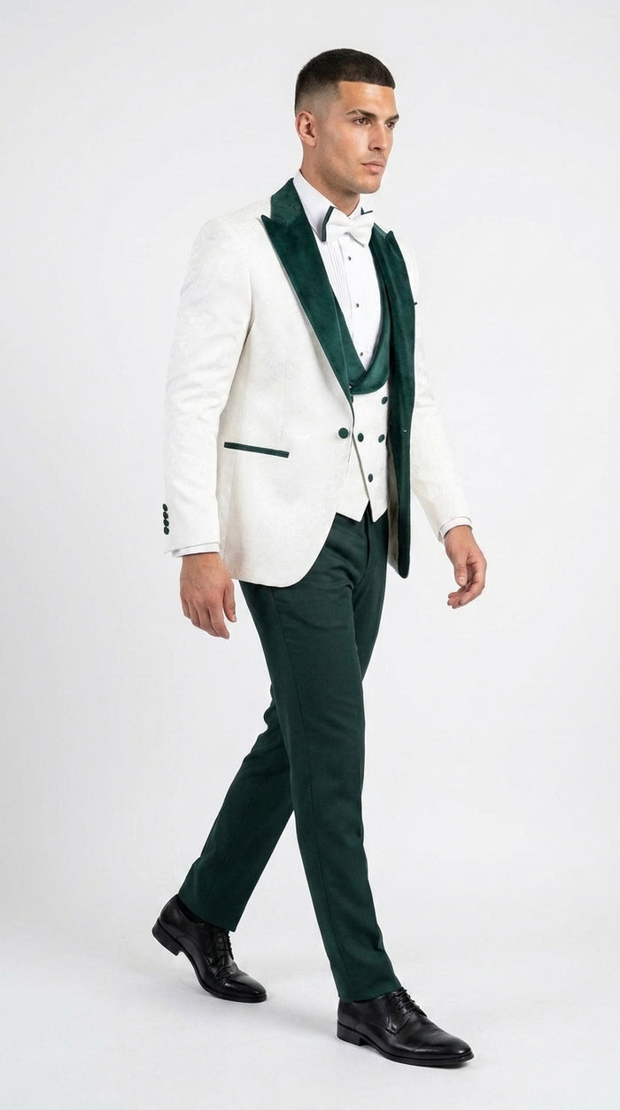 Men’s White and Hunter Green 3-Piece Wedding Tuxedo – White Dinner Jacket with Hunter Green Shawl Lapel