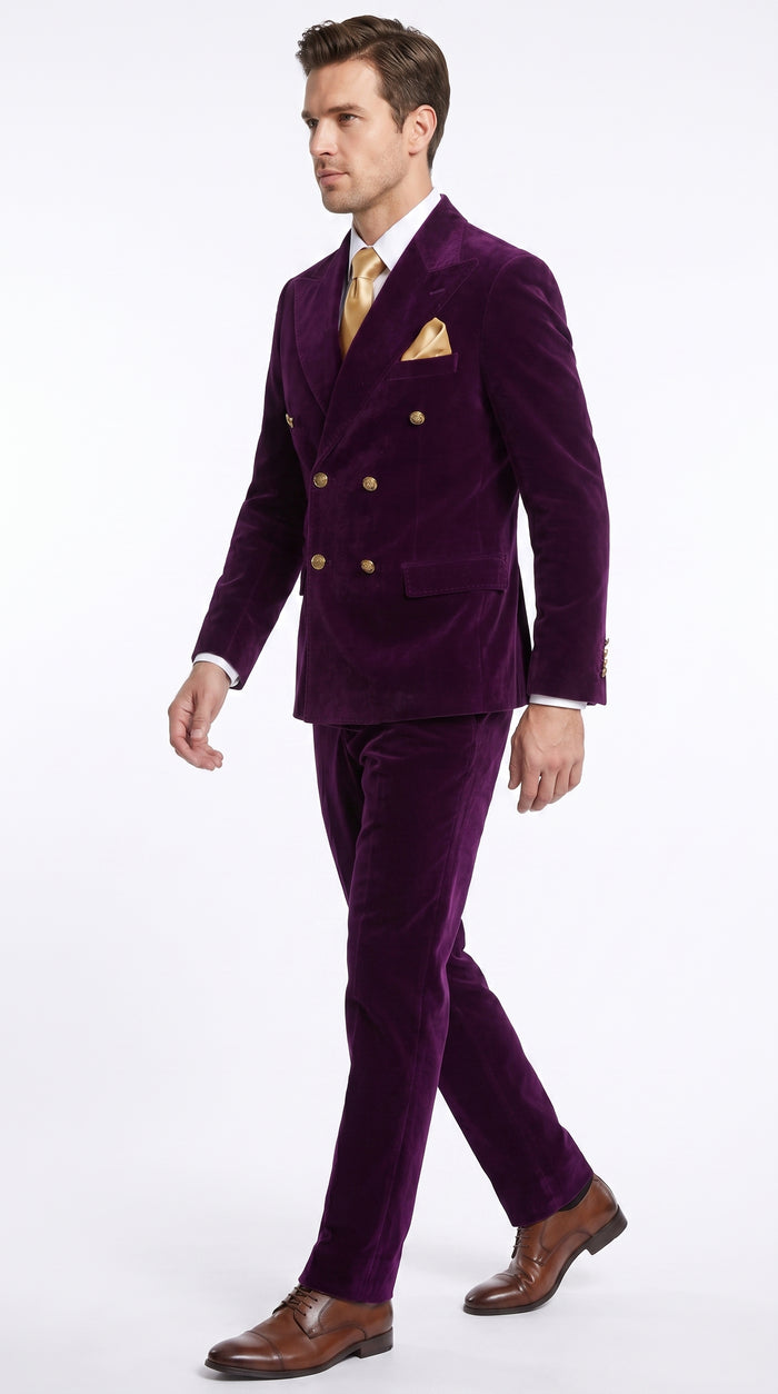 Men’s Rossi Man Zeus Purple Velvet Double Breasted Tuxedo Suit, Formal Wedding Prom Dinner Suit Set