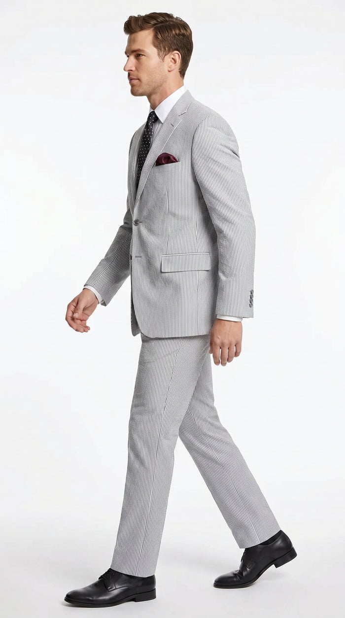 Men’s Black Pinstripe 2 Piece Seersucker Suit, Summer Modern Fit Dress Suit