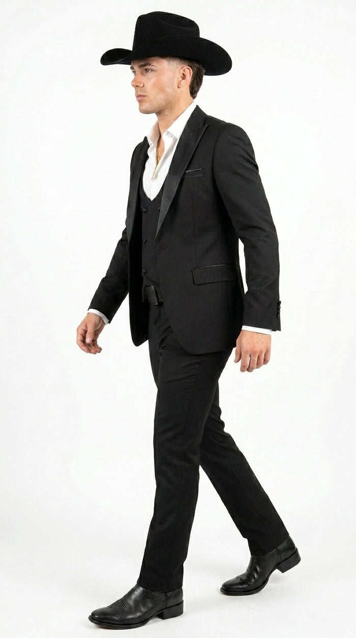Men’s Black Western Tuxedo Suit with Satin Shawl Lapel and Double Breasted Vest