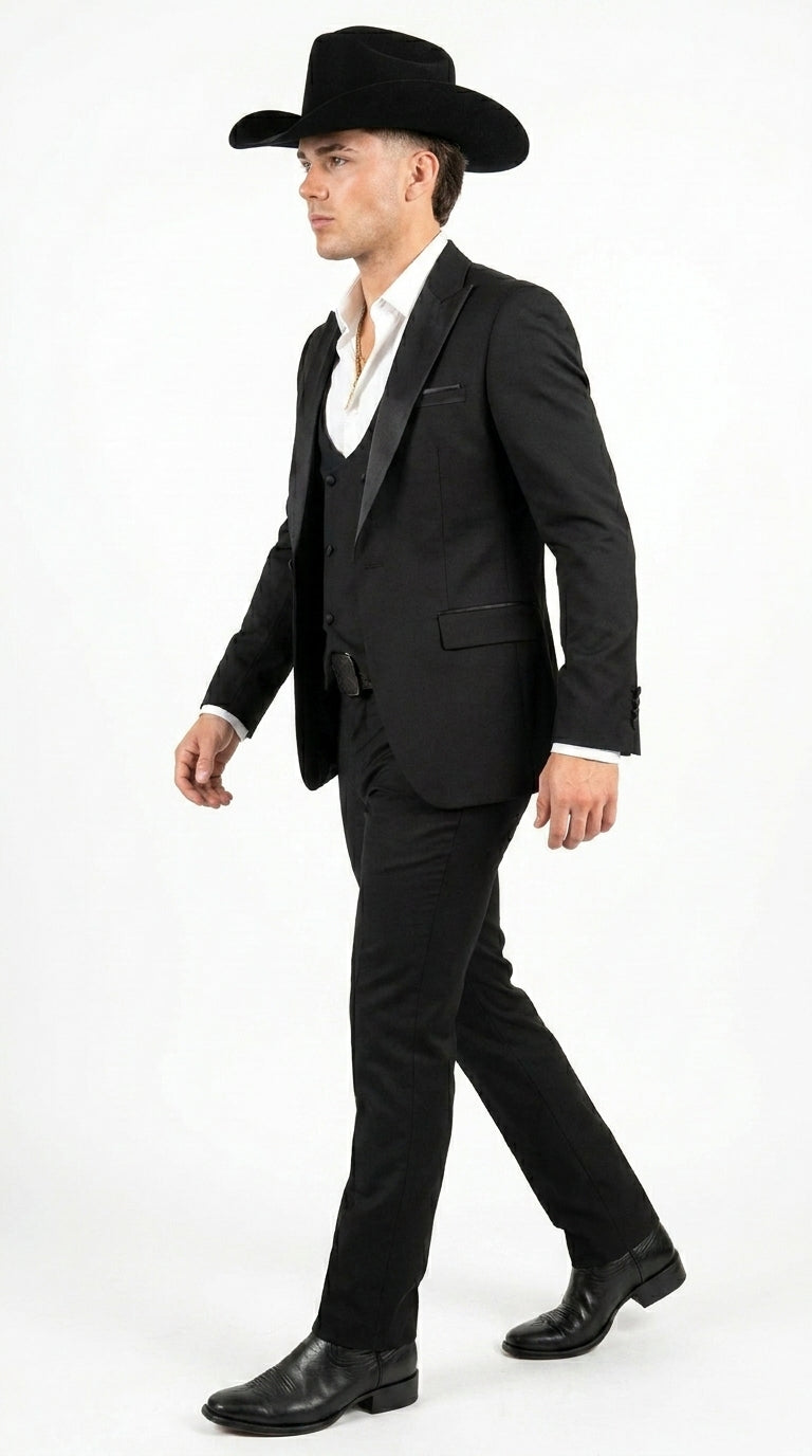 Men’s Black Western Tuxedo Suit with Satin Shawl Lapel and Double Breasted Vest