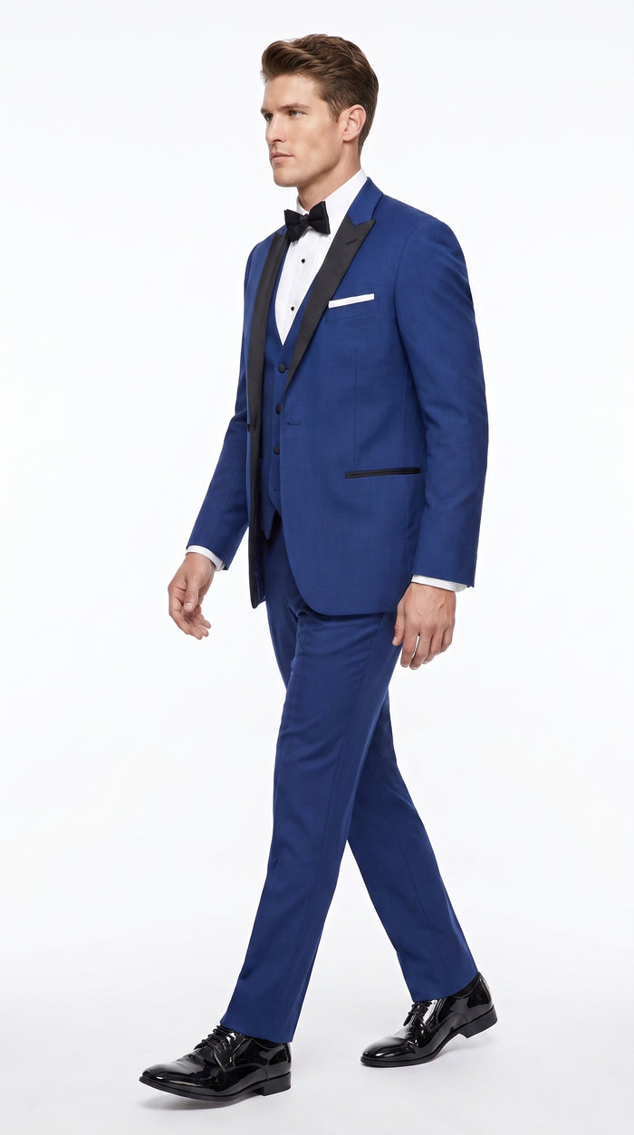 Men’s Cobalt Blue Wedding Tuxedo Set with Black Satin Shawl Lapel and Matching Vest