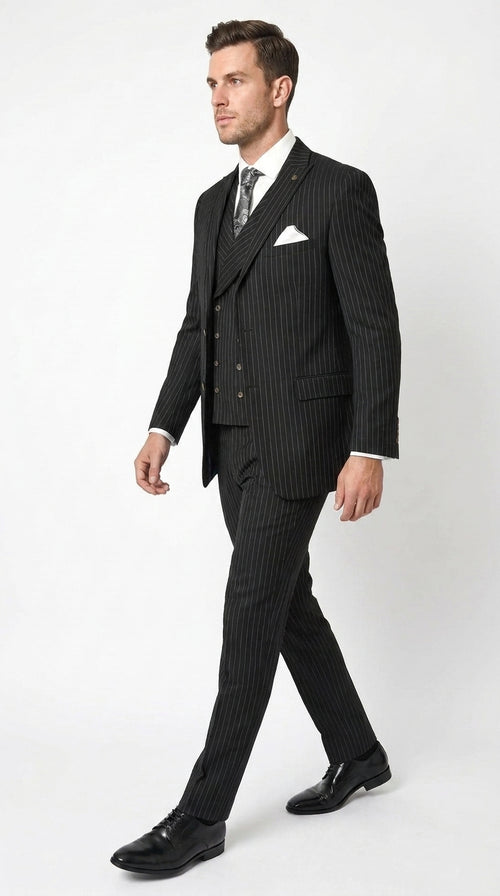 Men’s Black Gangster Pinstripe Suit with Double Breasted Vest, 2 Button Formal 1920s Dress Suit