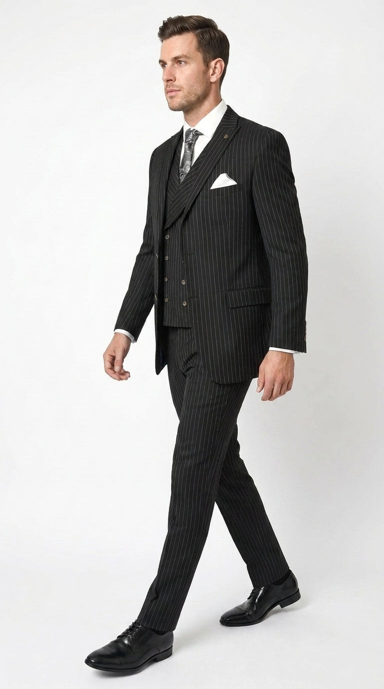 Men’s Black Gangster Pinstripe Suit with Double Breasted Vest, 2 Button Formal 1920s Dress Suit