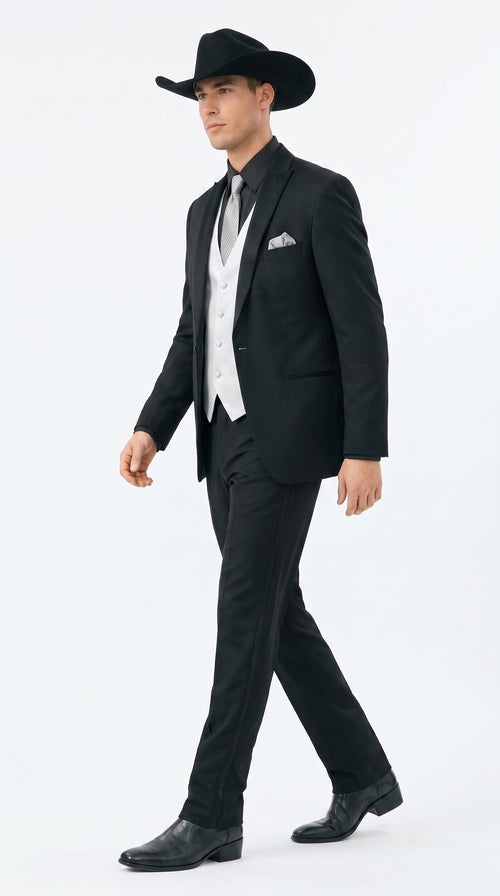 Men’s Black Country Wedding Tuxedo with Silver Vest, Western Formal Groom Suit