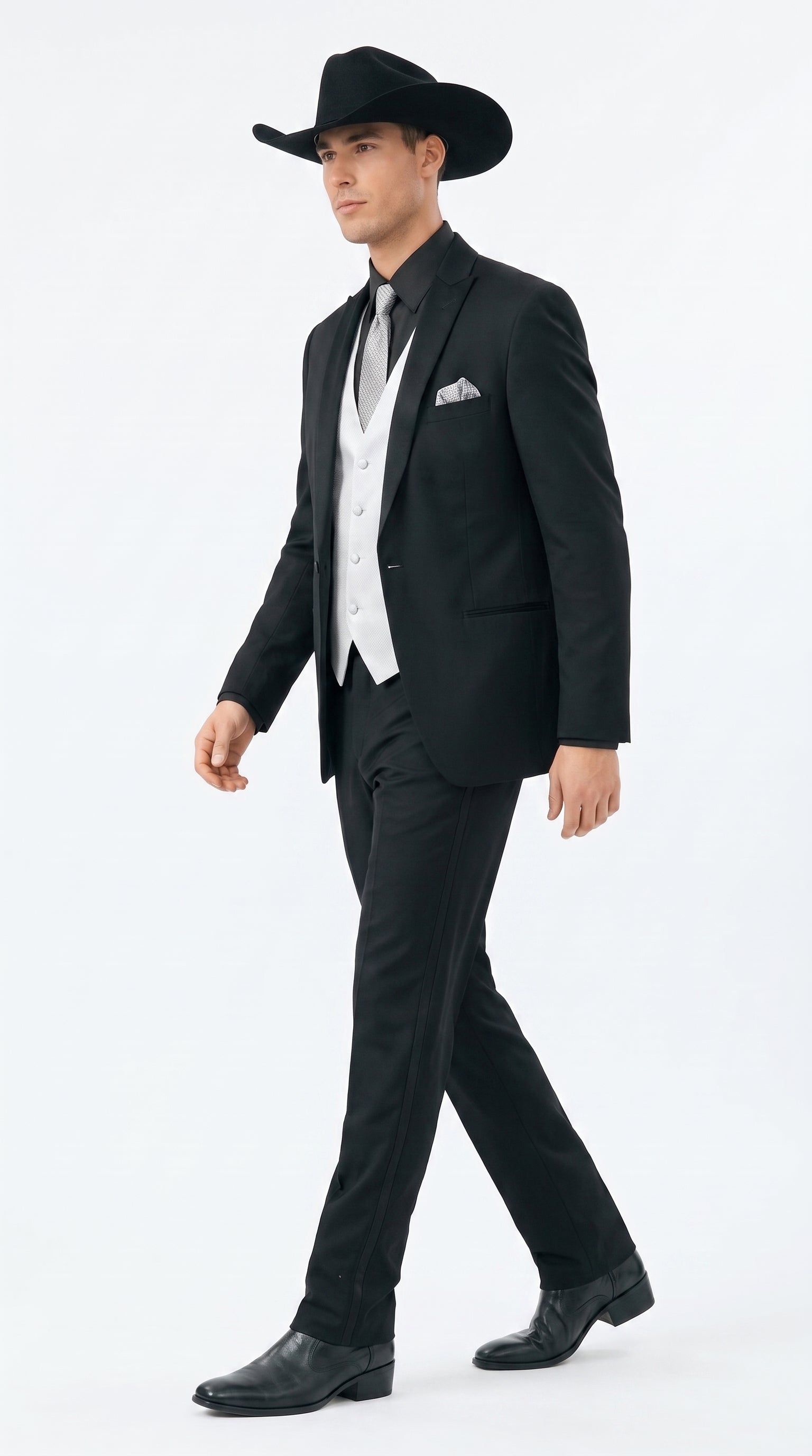 Men’s Black Country Wedding Tuxedo with Silver Vest, Western Formal Groom Suit