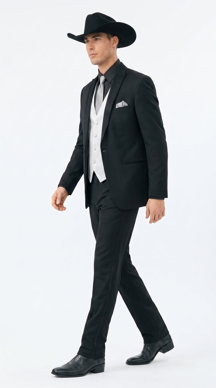 Men’s Black Country Wedding Tuxedo with White Vest, Western Formal Groom Suit