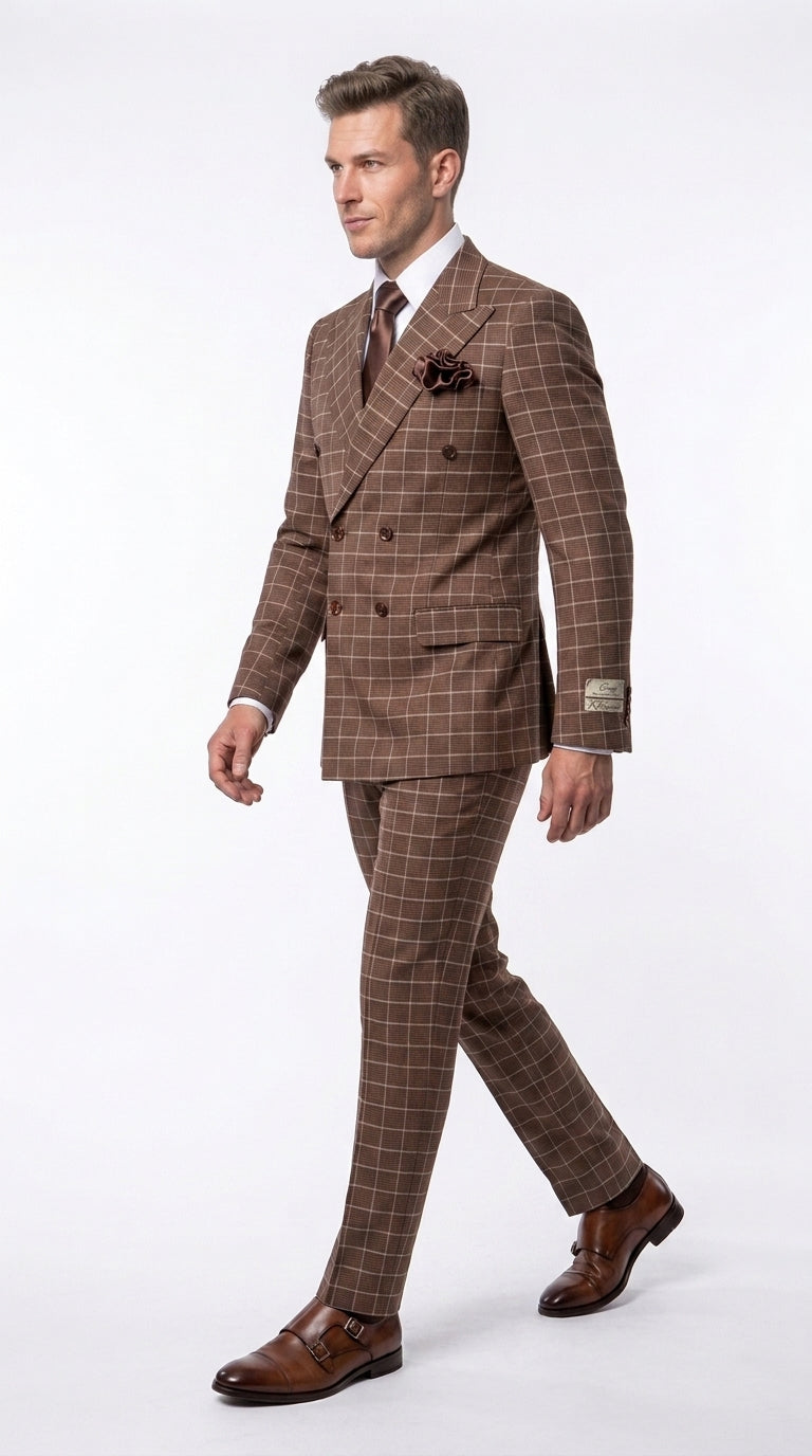 Rossi Man Arthur RM2317 Men’s Brown Windowpane Double Breasted Suit, Formal Dress Suit