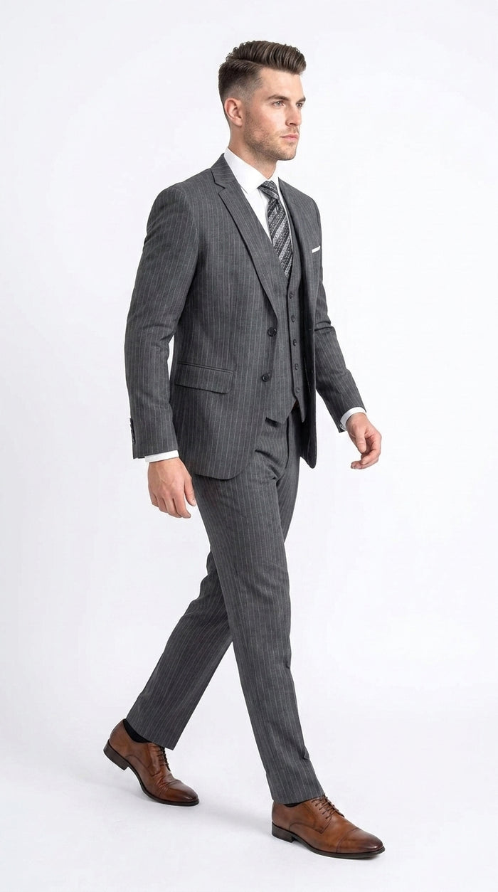 Men’s Charcoal Grey Pinstripe 2 Button Vested Suit, Modern Fit Wool Blend Formal Dress Suit