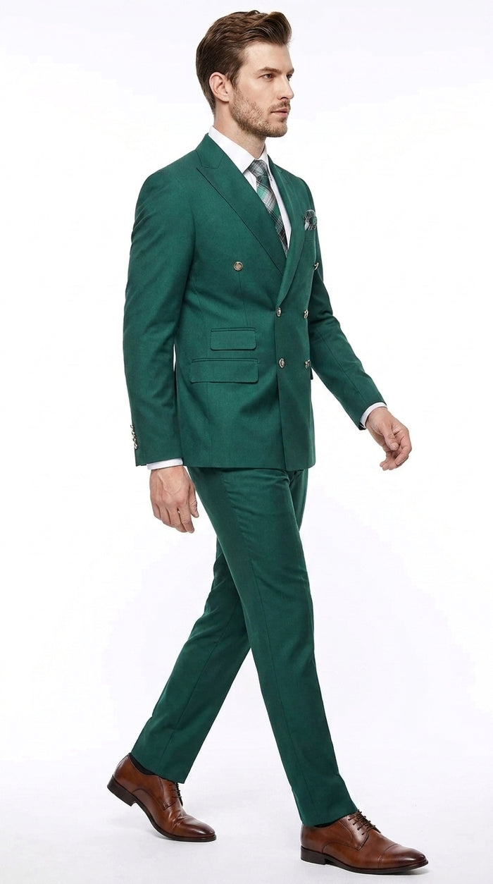 Men’s Hunter Green Double Breasted Wool Suit with Gold Buttons, Modern Fit Formal Wedding Suit
