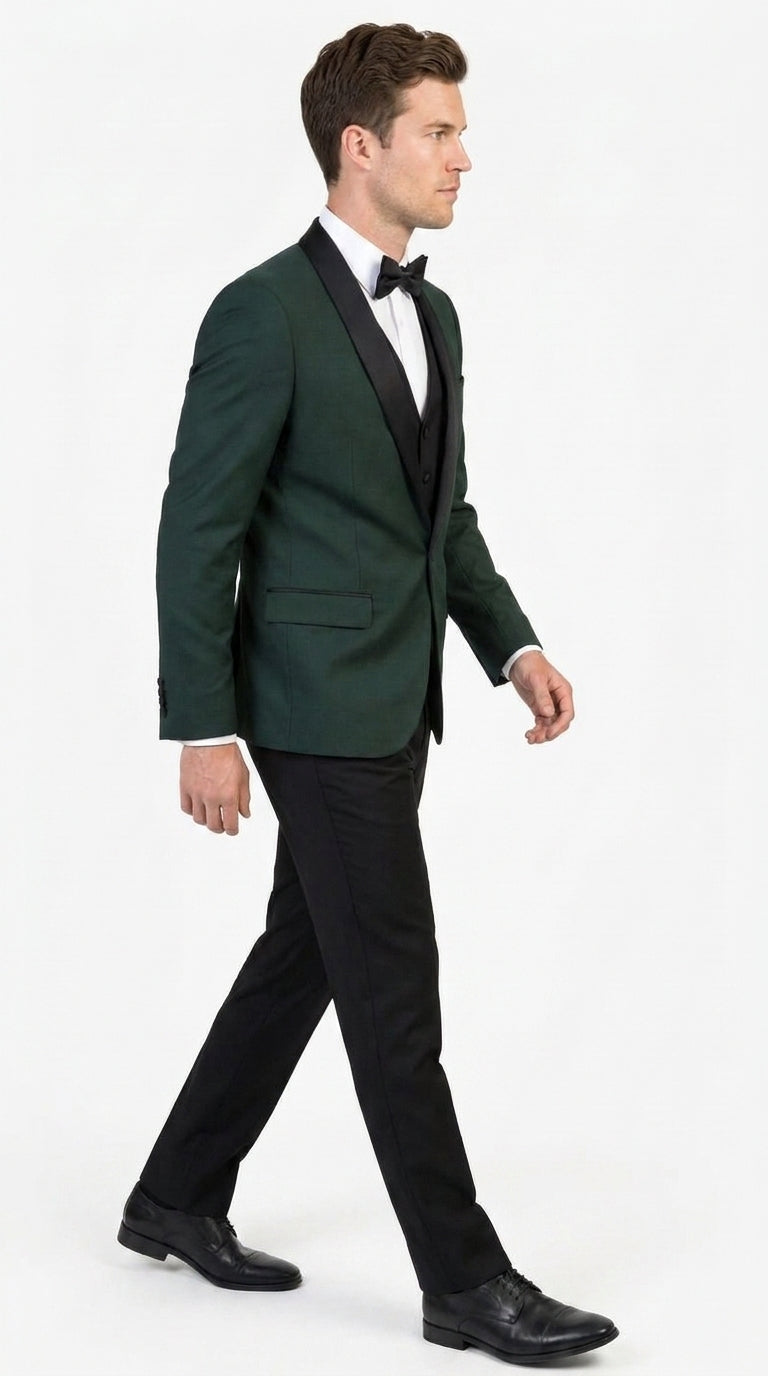 Men’s Hunter Green Tuxedo Suit with Black Pants and Vest, Wedding Prom Formal Tuxedo