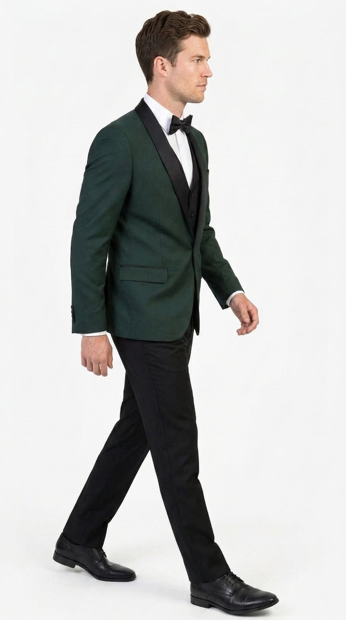 Men’s Hunter Green Tuxedo Suit with Black Pants and Vest, Wedding Prom Formal Tuxedo