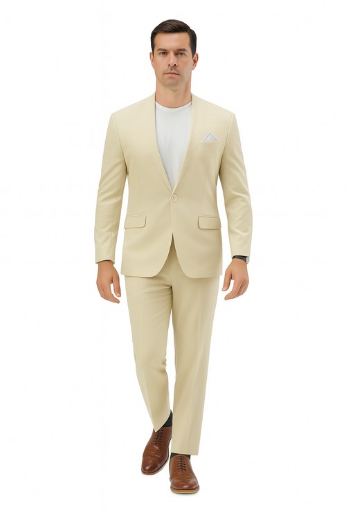 Men's linen suit in light beige. Relaxed, collarless blazer with single-button closure & two pockets. Streamlined pants. Perfect hybrid fit.
