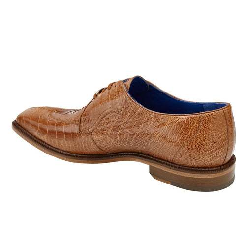 Belvedere Siena moc toe dress shoe in burned amber, crafted from ostrich leg leather. Features rounded toe, rich amber hue with variances, elevated heel, and intricate stitching. Blue interior lining.
