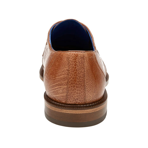 Men's Belvedere Siena moc toe dress shoe. Genuine ostrich leg leather in burnt amber. Rounded shape, textured exterior. Contrasting blue lining. Dark layered sole.
