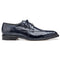 Navy Belvedere Siena ostrich leg moc toe dress shoe. Sleek pointed toe, glossy finish, and ostrich leg leather upper. Lace-up design with round laces. Flat sole for stability, refined formal look.
