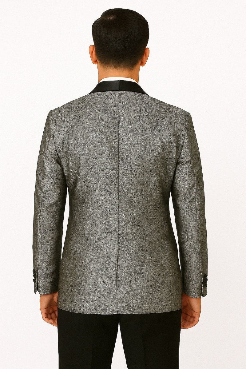 Silver and Black Tuxedo Blazer with Matching Bow Tie - Paisley Sport Coat For Prom or Wedding