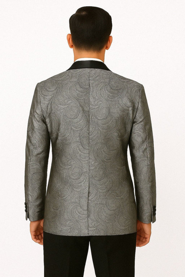 Silver and Black Tuxedo Blazer with Matching Bow Tie - Paisley Sport Coat For Prom or Wedding
