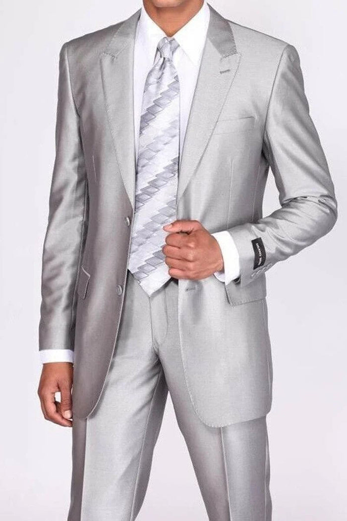 Men’s Silver Shiny Sharkskin 2 Button Suit, Peak Lapel Formal Wedding Prom Dress Suit Set