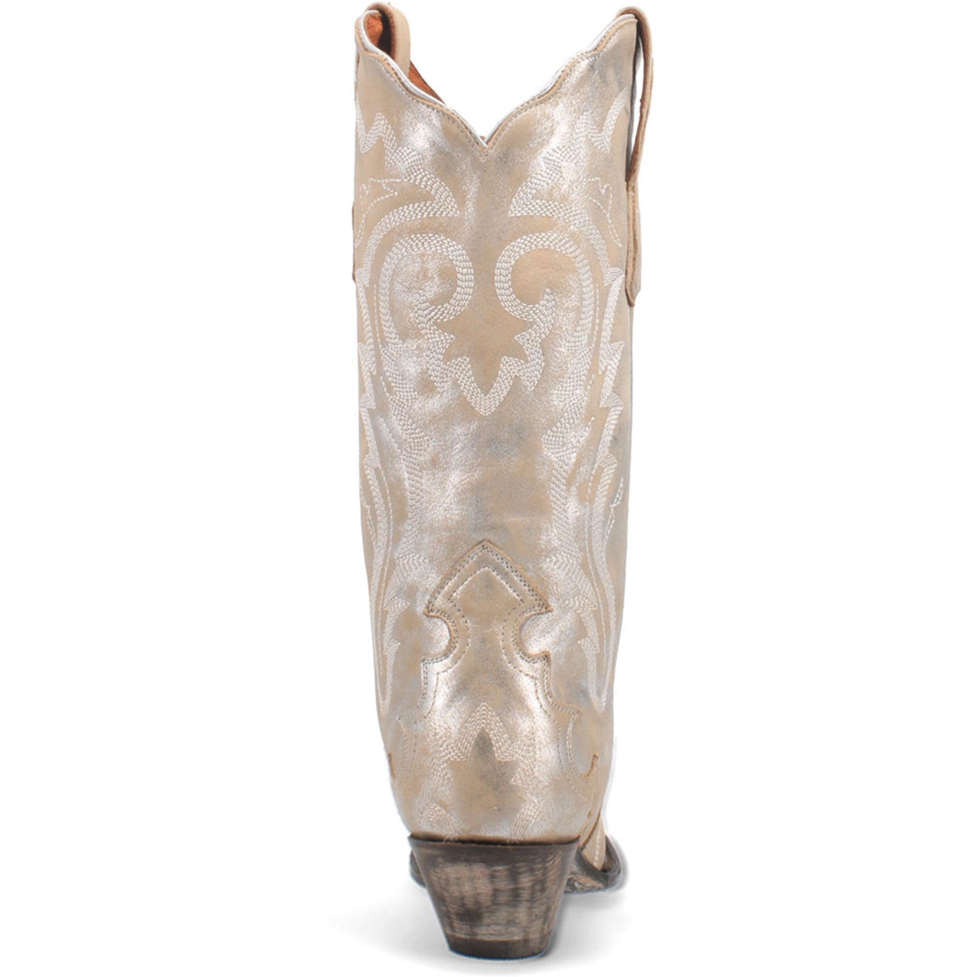 Dan Post Women's Frost Bite boots: Glacial silver finish, snip toe, decorative shaft pattern on metallic background. Stacked wood-like heel.
