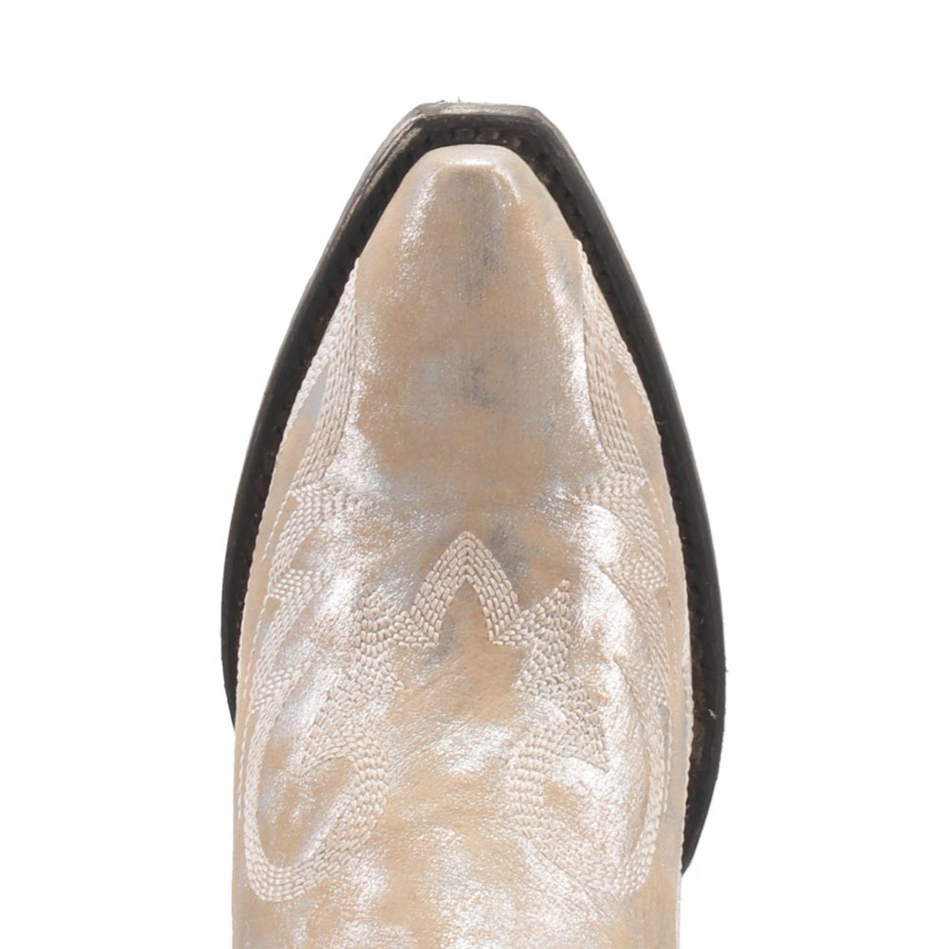 Dan Post Women's Frost Bite boot: Snip toe, glacial silver leather. Intricate tonal stitching. Black edge sole. Stylish, eye-catching design.
