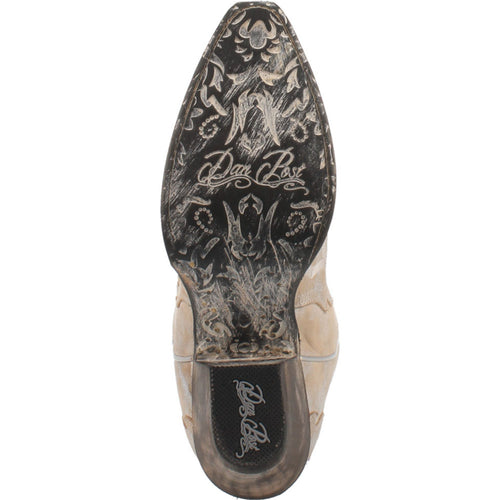 Dan Post Women's Frost Bite cowboy boots. Silver glacial finish with a snip toe. Intricately engraved sole featuring diverse patterns and "Dan Post" branding.
