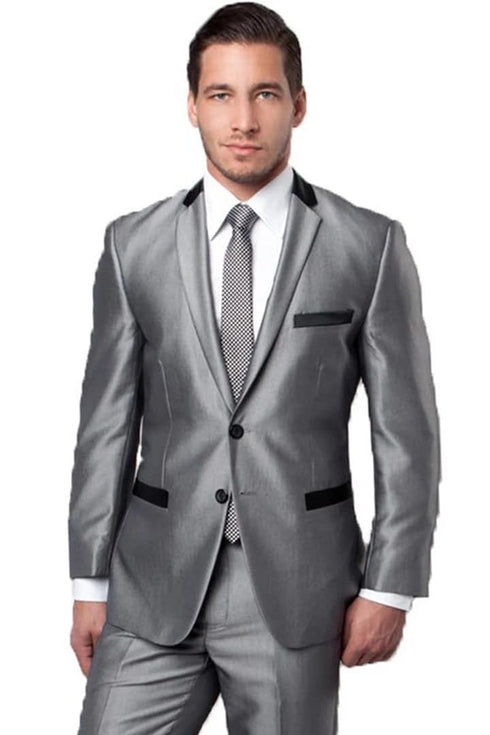 Men's Two Button Slim Fit Shiny Sharkskin Contrast Collar and Trim Silver Grey Suit