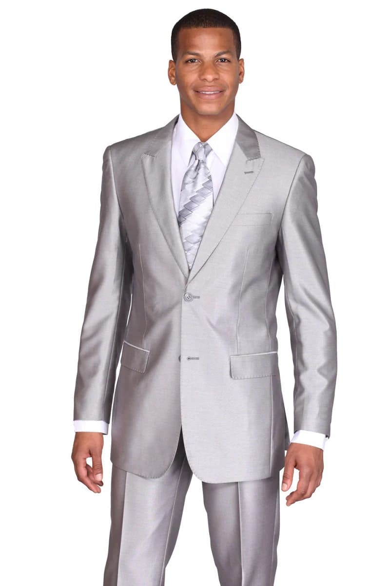 Mens 2 Button Slim Fit Peak Lapel Shiny Sharkskin Silver Grey Suit