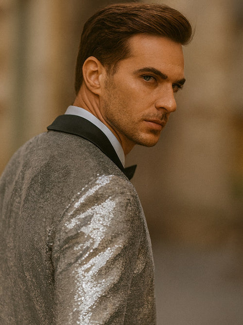 Silver Grey Sequin Blazer - Mens Shiny Sport Coat - Party Jacket - Prom Tuxedo $189