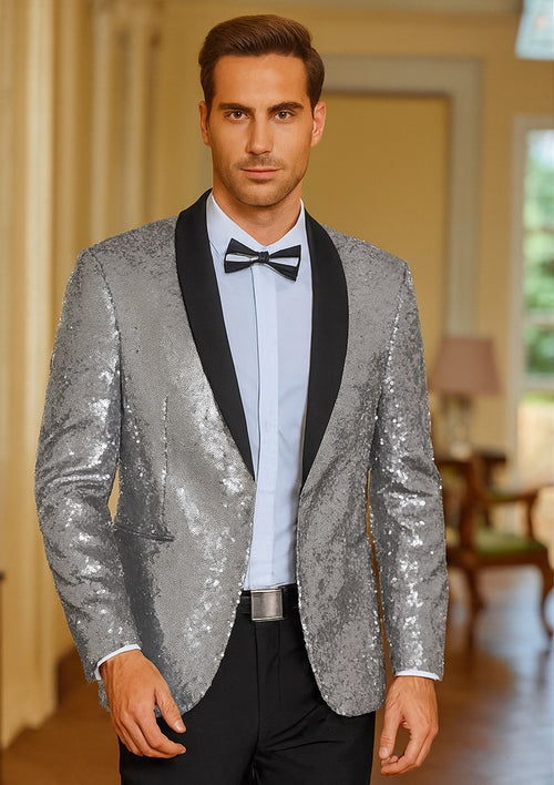 Silver Grey Sequin Blazer - Mens Shiny Sport Coat - Party Jacket - Prom Tuxedo $189