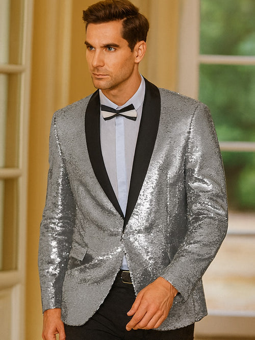 Silver Grey Sequin Blazer - Mens Shiny Sport Coat - Party Jacket - Prom Tuxedo $189