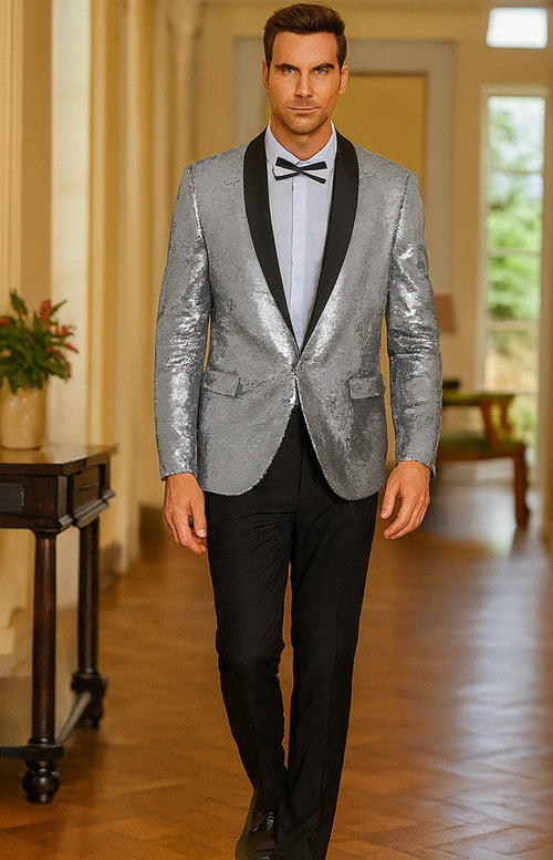 Silver Grey Sequin Blazer - Mens Shiny Sport Coat - Party Jacket - Prom Tuxedo $189