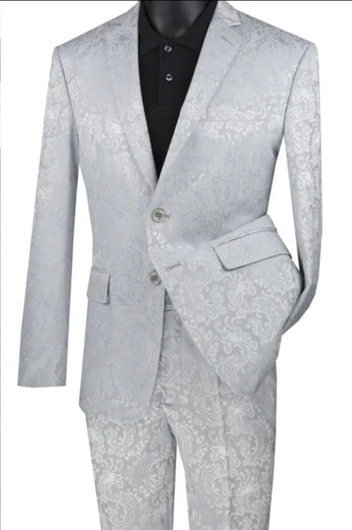 Mens Slim Fit Shiny Paisley Prom and Silver Grey Wedding Suit