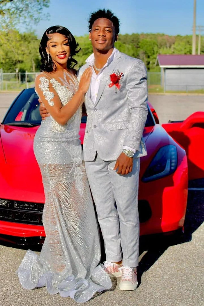 Mens Slim Fit Shiny Paisley Prom and Silver Grey Wedding Suit
