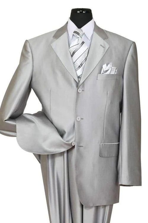 Mens Classic Fit 3 Button Shiny Sharkskin Silver Grey Suit