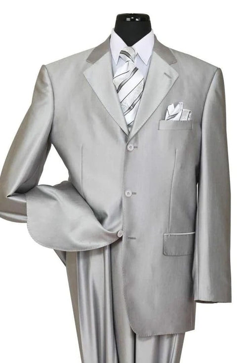 Mens Classic Fit 3 Button Shiny Sharkskin Silver Grey Suit