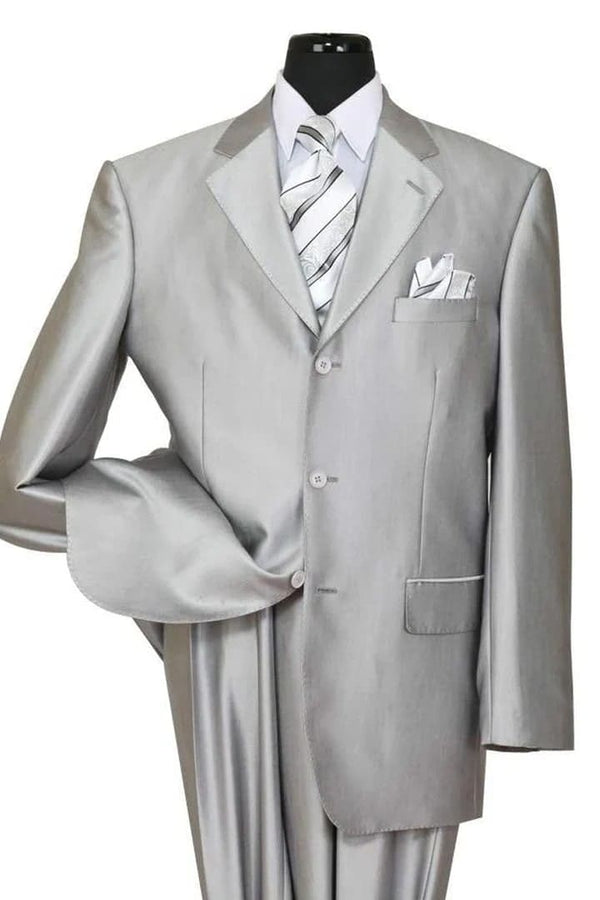 Mens Classic Fit 3 Button Shiny Sharkskin Silver Grey Suit