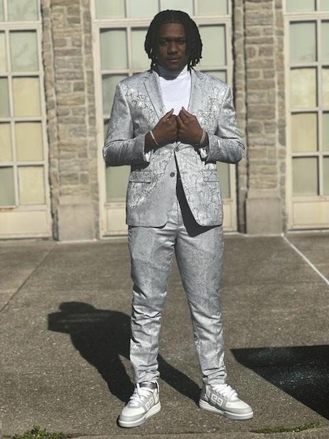 Mens Slim Fit Shiny Paisley Prom & Silver Grey Wedding Suit