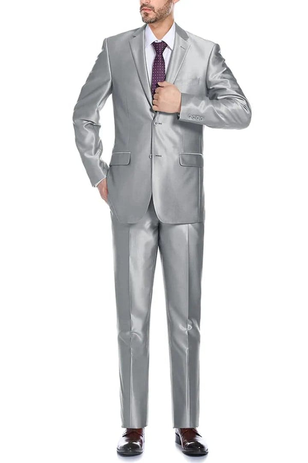 Mens Basic Two Button Slim Fit Shiny Silver Grey Sharkskin Suit