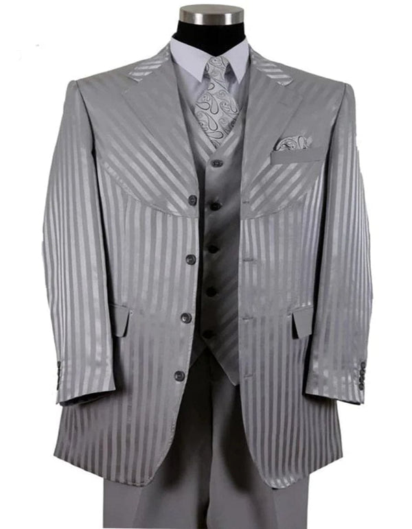 Mens 4 button Semi Wide Leg Shiny Tonal Stripe Fashion Silver Suit