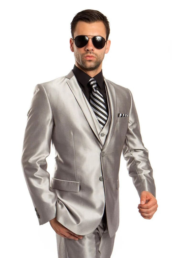 Men's Two Button Vested Shiny Sharkskin Wedding Silver Grey Fashion Suit