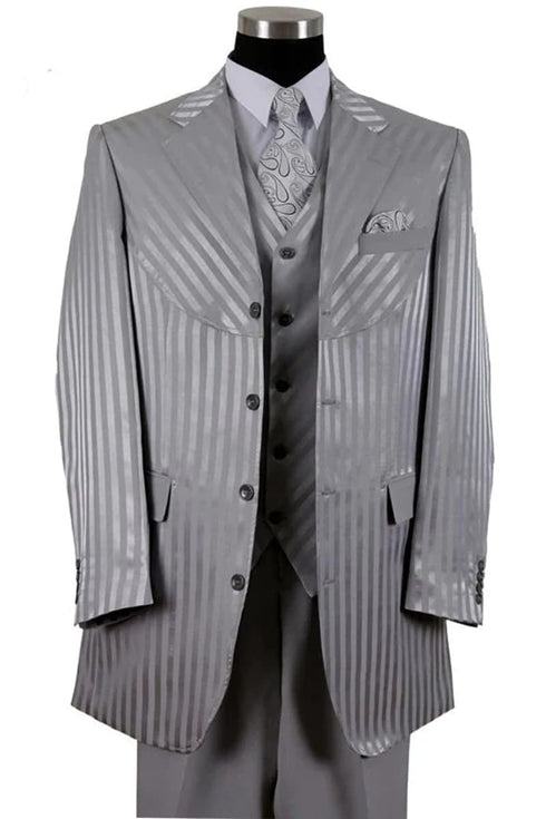 Mens 4 button Semi Wide Leg Shiny Tonal Stripe Silver Fashion Suit