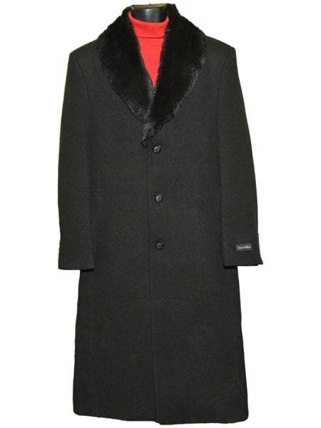 Mens Overcoat -Mens Long Wool Topcoats- Topcoat For Men-Men's Dress Coat Fur Collar Black 3 Button Wool Full Length Overcoat