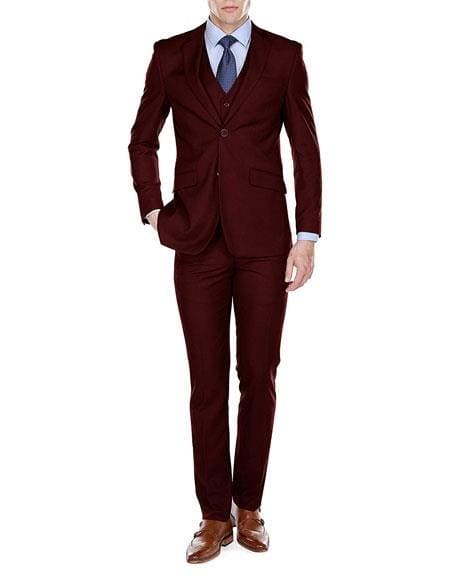 Men's Burgundy Two Button 65% Tetron 35% Viscose Slim Fit Burgundy Suit - AlbertoNardoniStore