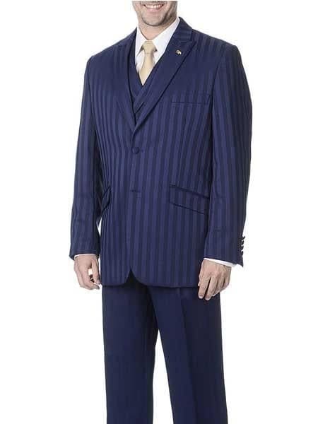 Men's Dark Navy Blue Suit For Men 3 Piece Polyester Peak Lapel Striped Vest Suit