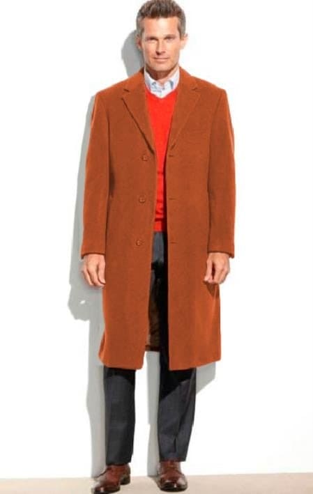 Mens Overcoat -Mens Long Wool Topcoats- Topcoat For Men-Men's Dress Coat Full Length Overcoat ~ Long Men's Dress Topcoat - Winter Coat Rust (Cashmere Touch (Not Cashmere))