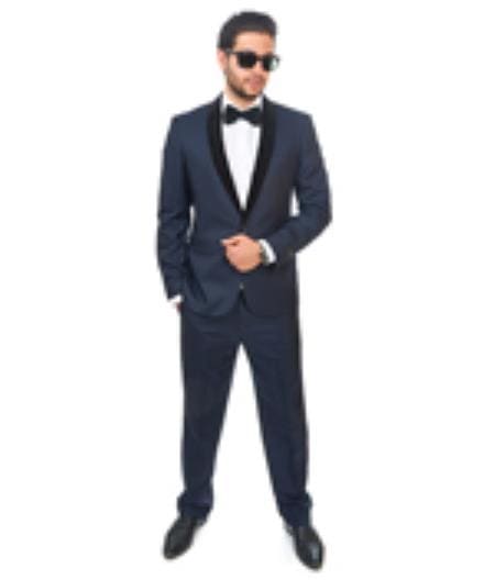 Men's Slim Fit 1 Button Shawl Velvet Lapel Suit Or Dark Navy Blue