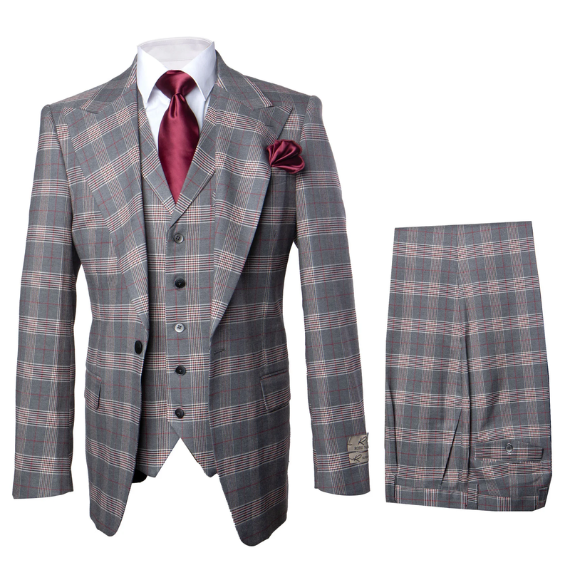 Light gray checkered suit with red/blue accents. Features a single-breasted jacket, vest, & wide-leg pleated pants (wool blend). Jacket with notched lapels. Vest: 3 buttons, pointed bottom. Pants: loose, pleated, cuffed.