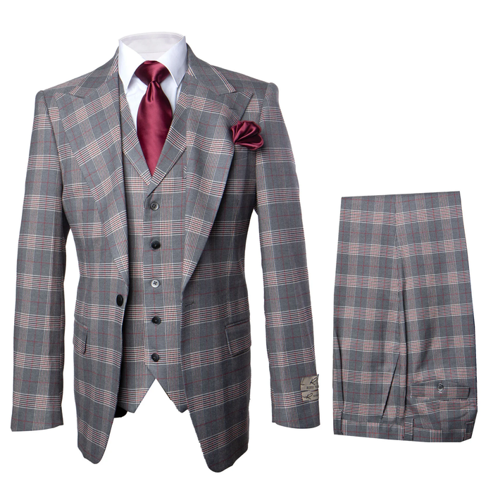 Light gray checkered suit with red/blue accents. Features a single-breasted jacket, vest, & wide-leg pleated pants (wool blend). Jacket with notched lapels. Vest: 3 buttons, pointed bottom. Pants: loose, pleated, cuffed.