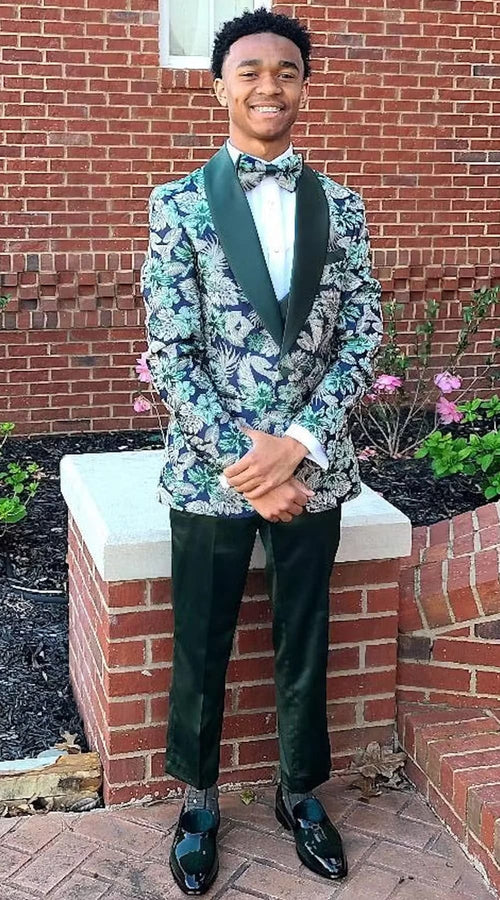 Mens One Button Vested Paisley Shawl Lapel Prom Tuxedo in Hunter Green